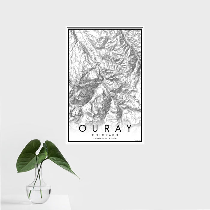 16x24 Ouray Colorado Map Print Portrait Orientation in Classic Style With Tropical Plant Leaves in Water