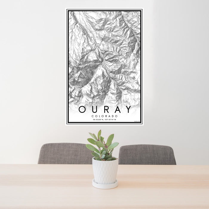 24x36 Ouray Colorado Map Print Portrait Orientation in Classic Style Behind 2 Chairs Table and Potted Plant