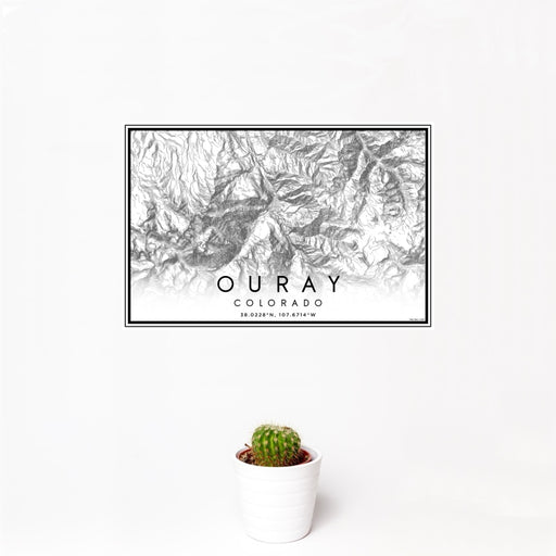 12x18 Ouray Colorado Map Print Landscape Orientation in Classic Style With Small Cactus Plant in White Planter