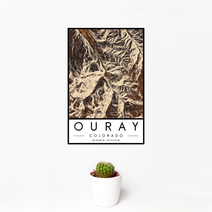 12x18 Ouray Colorado Map Print Portrait Orientation in Ember Style With Small Cactus Plant in White Planter