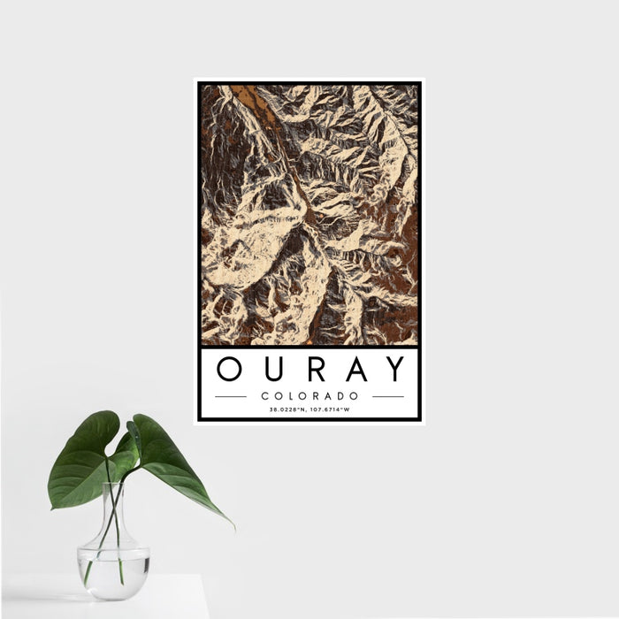 16x24 Ouray Colorado Map Print Portrait Orientation in Ember Style With Tropical Plant Leaves in Water