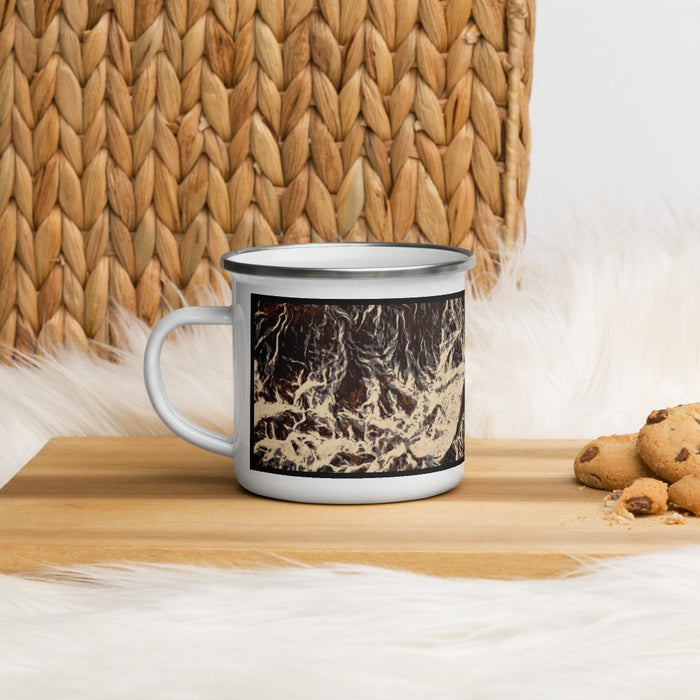Left View Custom Ouray Colorado Map Enamel Mug in Ember on Table Top