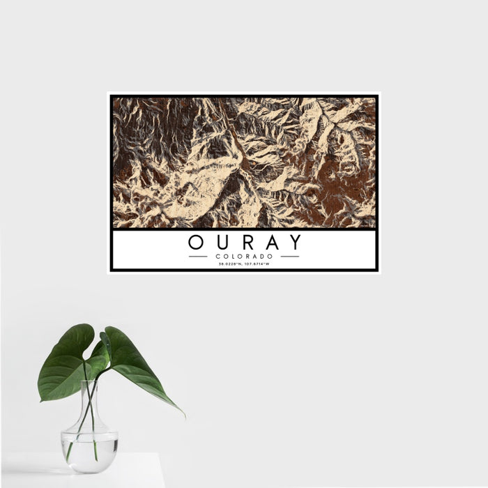16x24 Ouray Colorado Map Print Landscape Orientation in Ember Style With Tropical Plant Leaves in Water