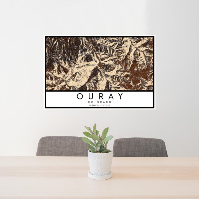 24x36 Ouray Colorado Map Print Landscape Orientation in Ember Style Behind 2 Chairs Table and Potted Plant