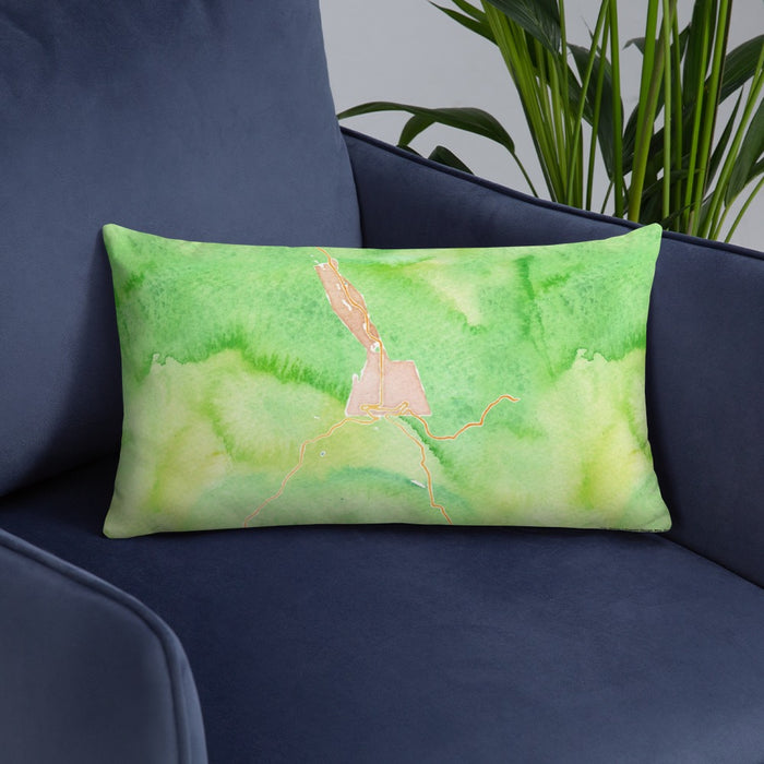 Custom Ouray Colorado Map Throw Pillow in Watercolor on Blue Colored Chair
