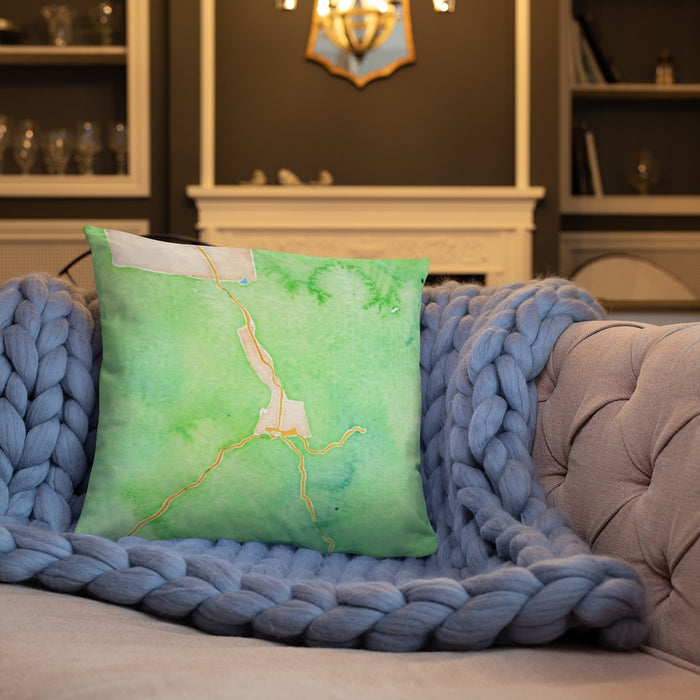 Custom Ouray Colorado Map Throw Pillow in Watercolor on Cream Colored Couch
