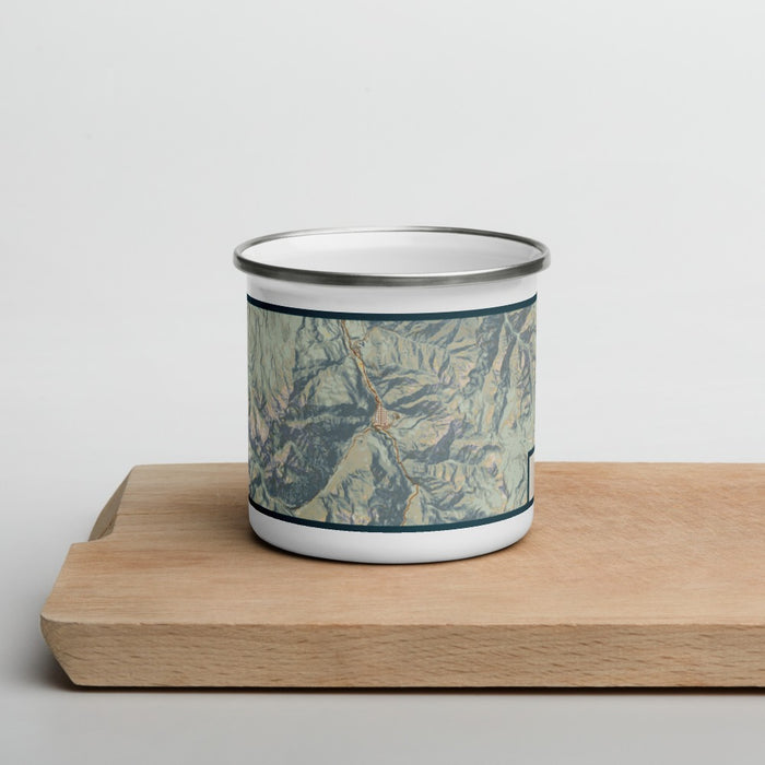 Front View Custom Ouray Colorado Map Enamel Mug in Woodblock on Cutting Board