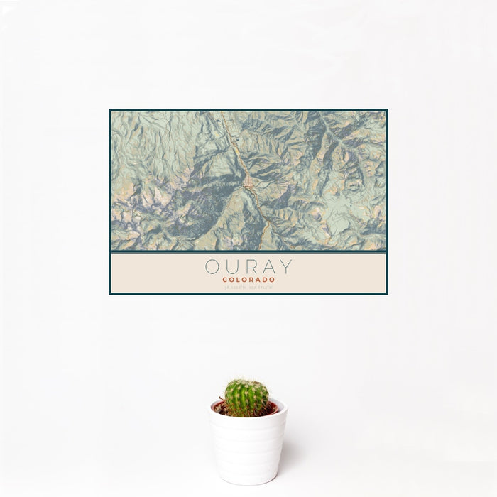 12x18 Ouray Colorado Map Print Landscape Orientation in Woodblock Style With Small Cactus Plant in White Planter