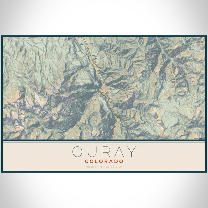 Ouray Colorado Map Print Landscape Orientation in Woodblock Style With Shaded Background