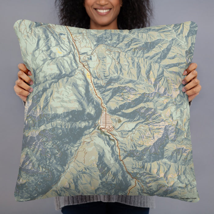 Person holding 22x22 Custom Ouray Colorado Map Throw Pillow in Woodblock
