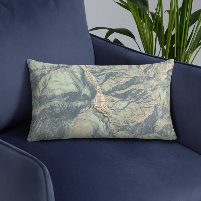 Custom Ouray Colorado Map Throw Pillow in Woodblock on Blue Colored Chair