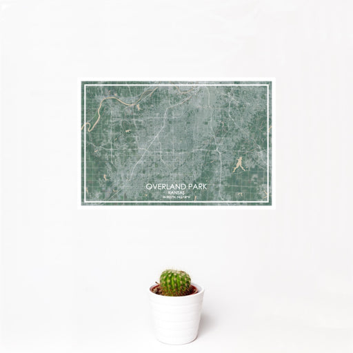 12x18 Overland Park Kansas Map Print Landscape Orientation in Afternoon Style With Small Cactus Plant in White Planter