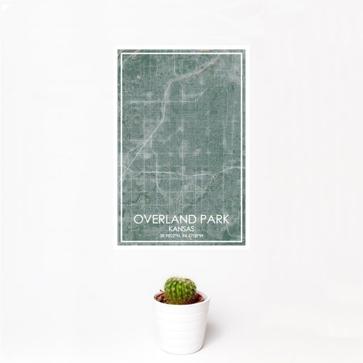 12x18 Overland Park Kansas Map Print Portrait Orientation in Afternoon Style With Small Cactus Plant in White Planter