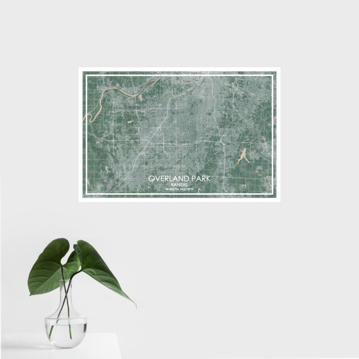 16x24 Overland Park Kansas Map Print Landscape Orientation in Afternoon Style With Tropical Plant Leaves in Water