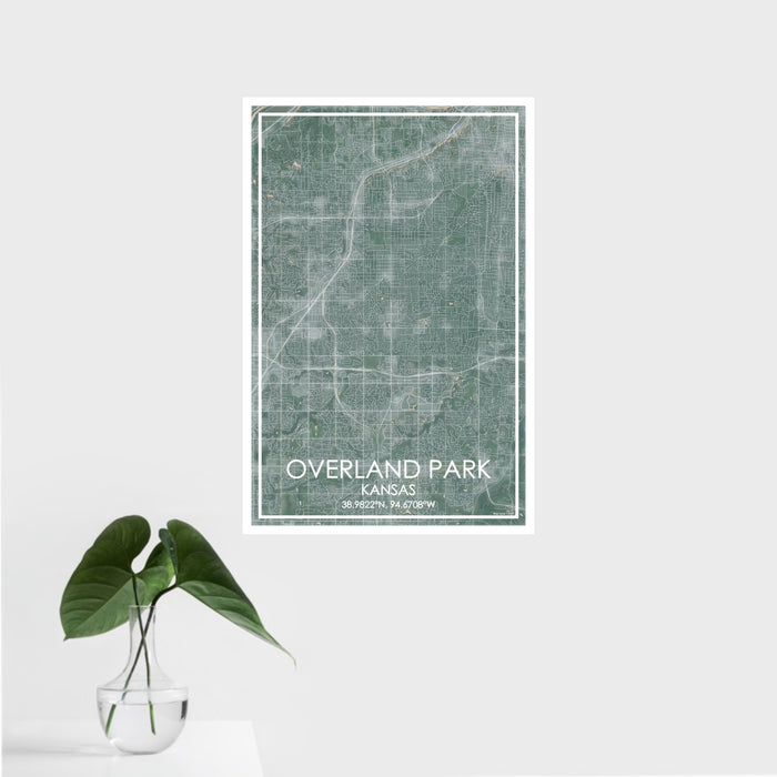16x24 Overland Park Kansas Map Print Portrait Orientation in Afternoon Style With Tropical Plant Leaves in Water