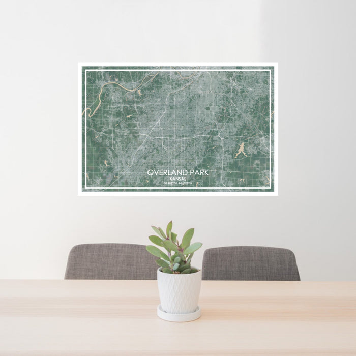 24x36 Overland Park Kansas Map Print Lanscape Orientation in Afternoon Style Behind 2 Chairs Table and Potted Plant