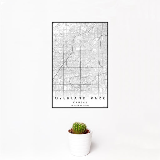 12x18 Overland Park Kansas Map Print Portrait Orientation in Classic Style With Small Cactus Plant in White Planter