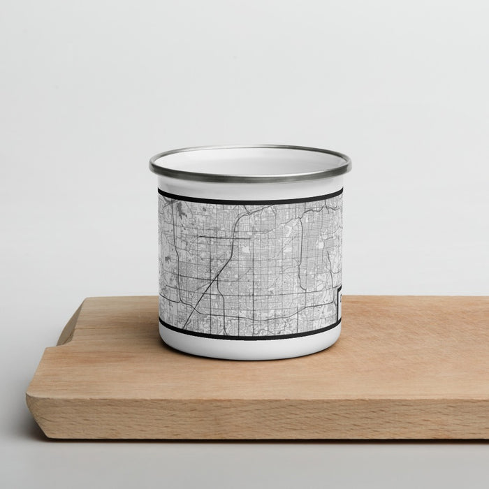 Front View Custom Overland Park Kansas Map Enamel Mug in Classic on Cutting Board