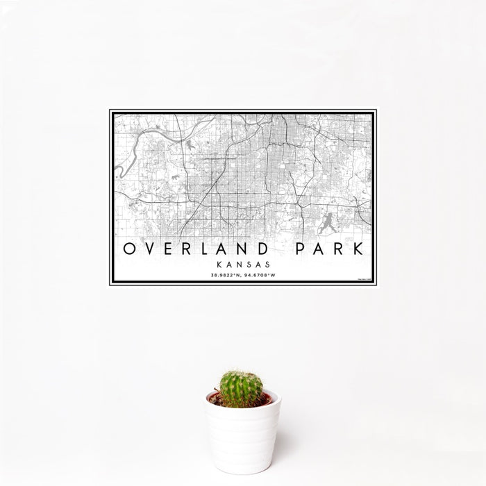 12x18 Overland Park Kansas Map Print Landscape Orientation in Classic Style With Small Cactus Plant in White Planter