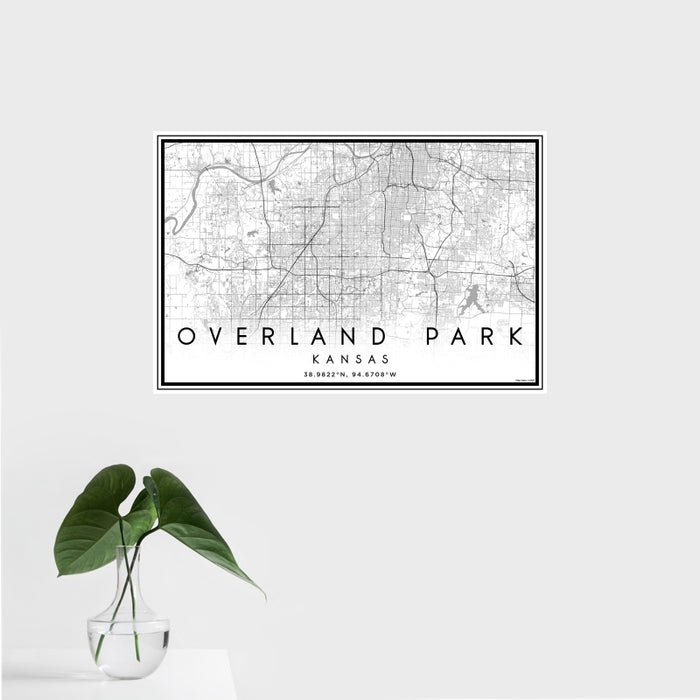 16x24 Overland Park Kansas Map Print Landscape Orientation in Classic Style With Tropical Plant Leaves in Water