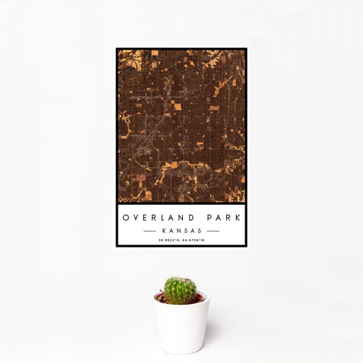 12x18 Overland Park Kansas Map Print Portrait Orientation in Ember Style With Small Cactus Plant in White Planter
