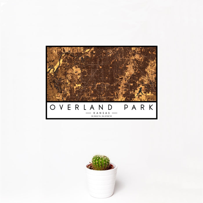 12x18 Overland Park Kansas Map Print Landscape Orientation in Ember Style With Small Cactus Plant in White Planter