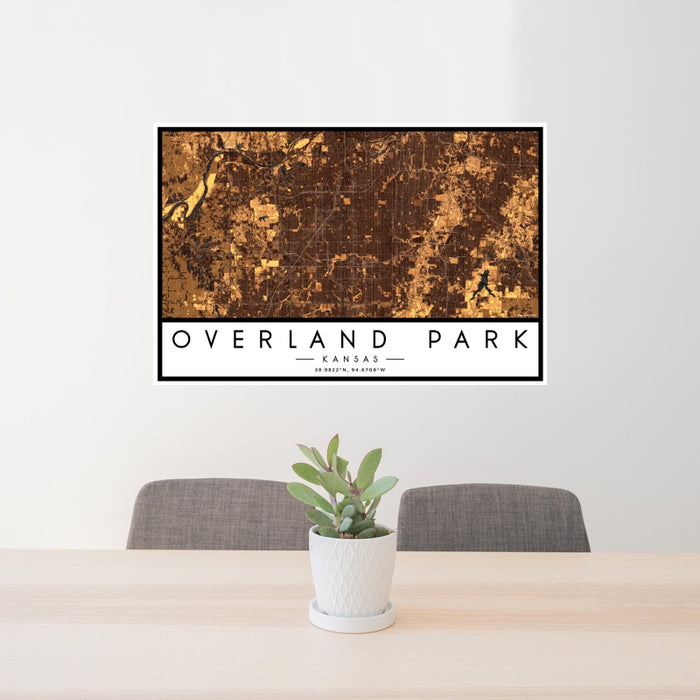 24x36 Overland Park Kansas Map Print Landscape Orientation in Ember Style Behind 2 Chairs Table and Potted Plant
