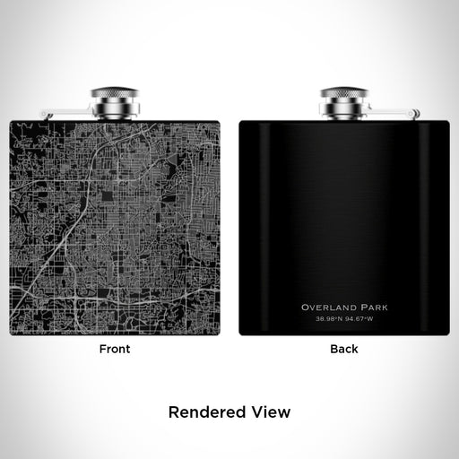 Rendered View of Overland Park Kansas Map Engraving on 6oz Stainless Steel Flask in Black