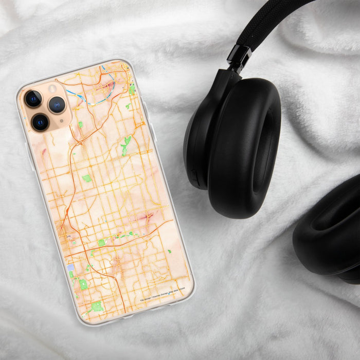 Custom Overland Park Kansas Map Phone Case in Watercolor on Table with Black Headphones