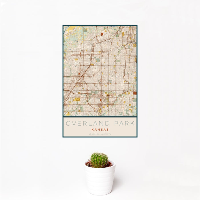 12x18 Overland Park Kansas Map Print Portrait Orientation in Woodblock Style With Small Cactus Plant in White Planter