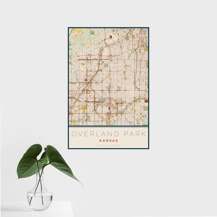 16x24 Overland Park Kansas Map Print Portrait Orientation in Woodblock Style With Tropical Plant Leaves in Water