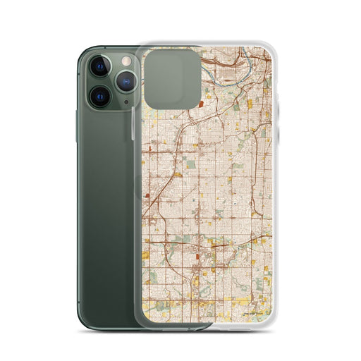 Custom Overland Park Kansas Map Phone Case in Woodblock on Table with Laptop and Plant