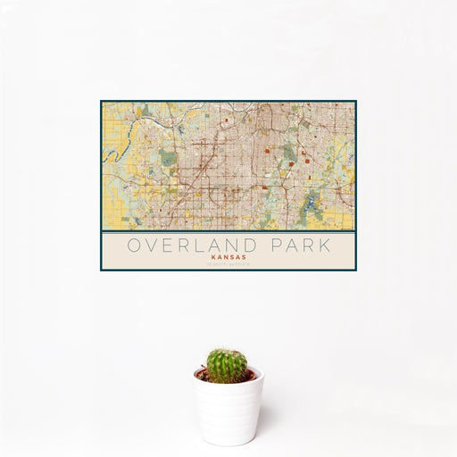 12x18 Overland Park Kansas Map Print Landscape Orientation in Woodblock Style With Small Cactus Plant in White Planter