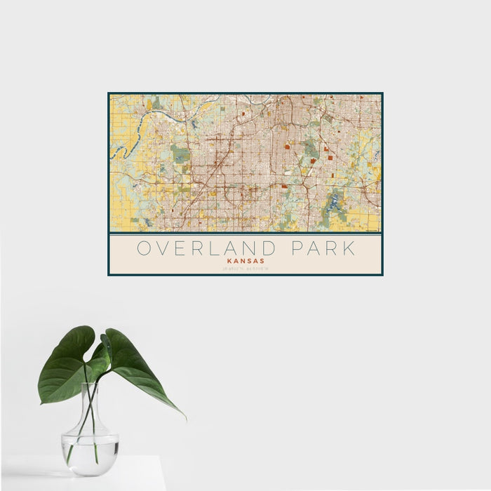 16x24 Overland Park Kansas Map Print Landscape Orientation in Woodblock Style With Tropical Plant Leaves in Water
