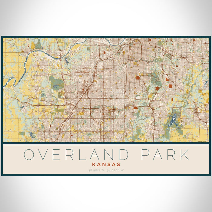 Overland Park Kansas Map Print Landscape Orientation in Woodblock Style With Shaded Background