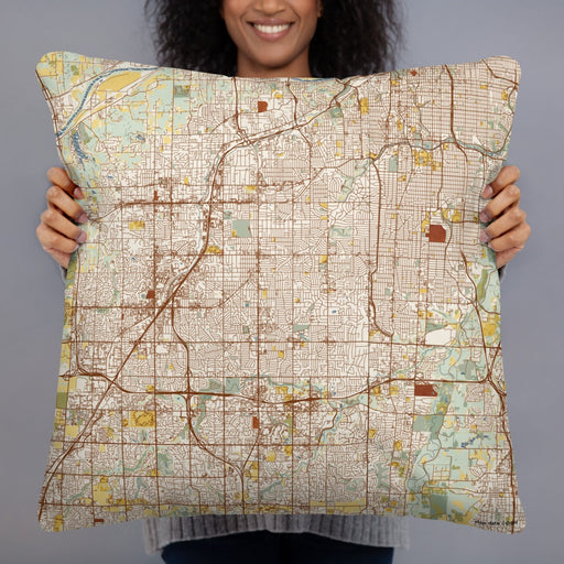 Person holding 22x22 Custom Overland Park Kansas Map Throw Pillow in Woodblock