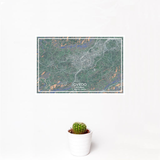 12x18 Oviedo Asturias Map Print Landscape Orientation in Afternoon Style With Small Cactus Plant in White Planter