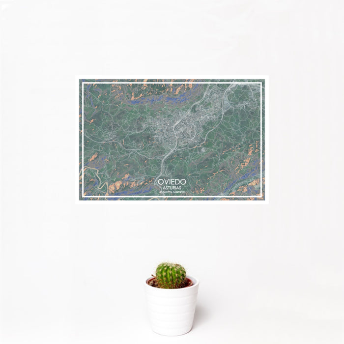12x18 Oviedo Asturias Map Print Landscape Orientation in Afternoon Style With Small Cactus Plant in White Planter