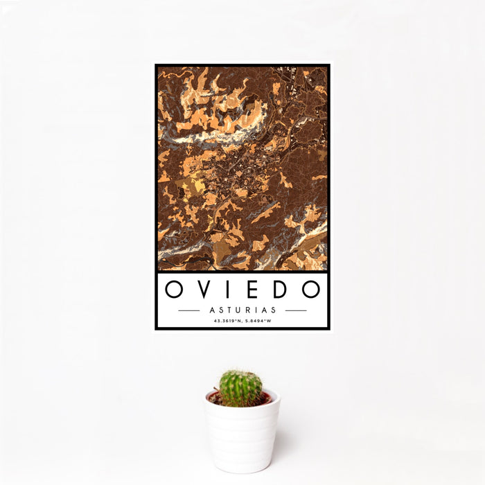 12x18 Oviedo Asturias Map Print Portrait Orientation in Ember Style With Small Cactus Plant in White Planter