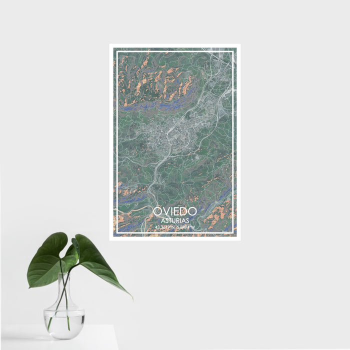 16x24 Oviedo Asturias Map Print Portrait Orientation in Afternoon Style With Tropical Plant Leaves in Water