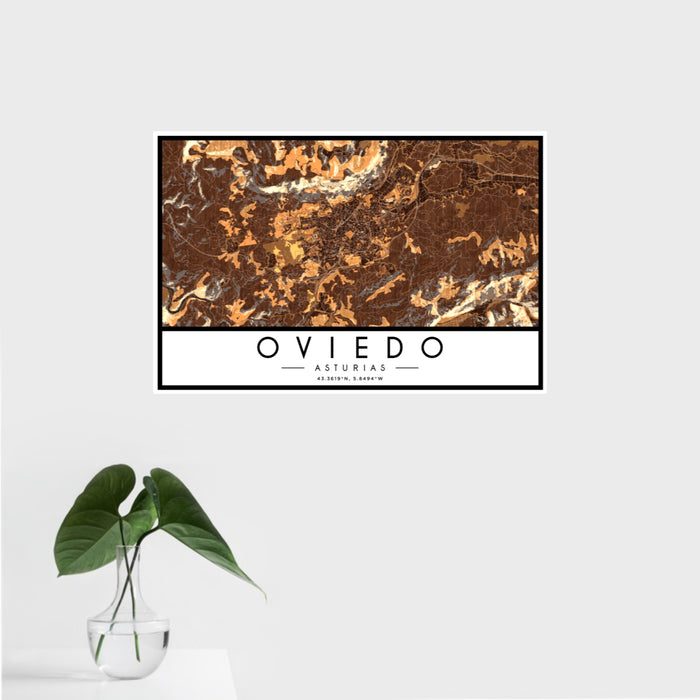16x24 Oviedo Asturias Map Print Landscape Orientation in Ember Style With Tropical Plant Leaves in Water
