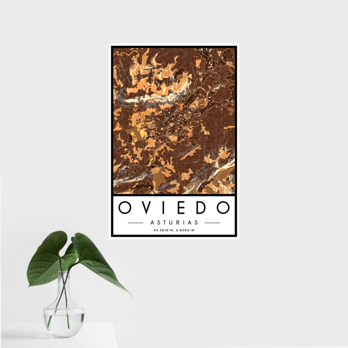 16x24 Oviedo Asturias Map Print Portrait Orientation in Ember Style With Tropical Plant Leaves in Water