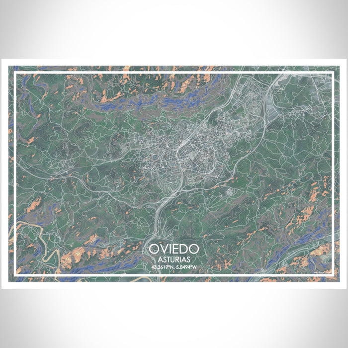 Oviedo Asturias Map Print Landscape Orientation in Afternoon Style With Shaded Background