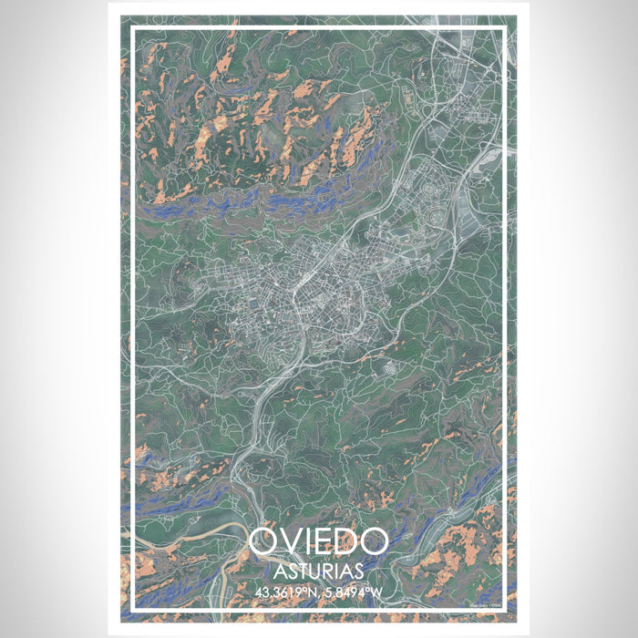 Oviedo Asturias Map Print Portrait Orientation in Afternoon Style With Shaded Background