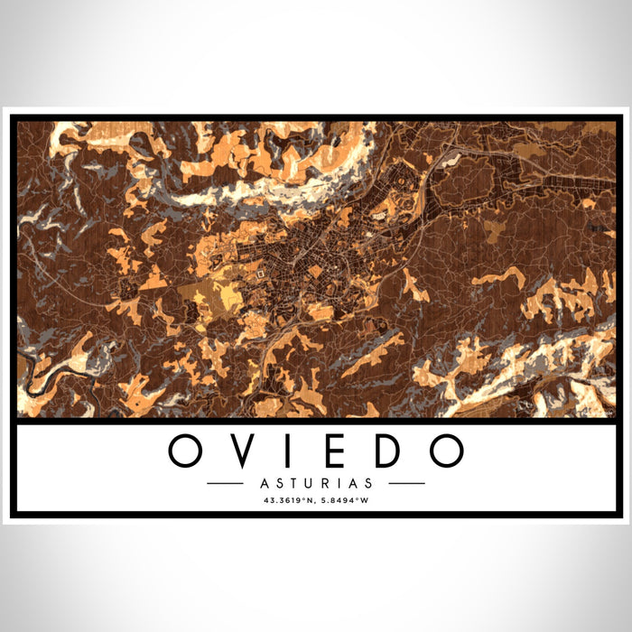 Oviedo Asturias Map Print Landscape Orientation in Ember Style With Shaded Background