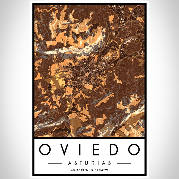 Oviedo Asturias Map Print Portrait Orientation in Ember Style With Shaded Background