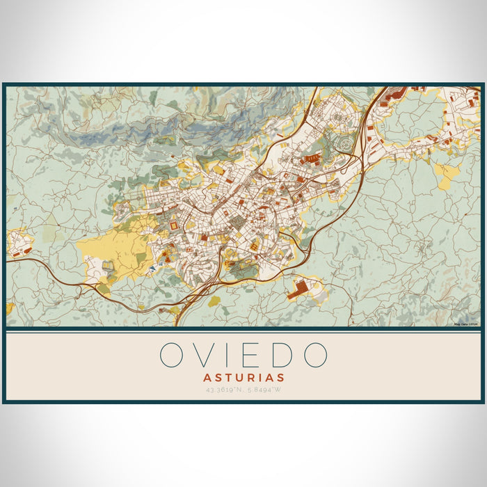 Oviedo Asturias Map Print Landscape Orientation in Woodblock Style With Shaded Background