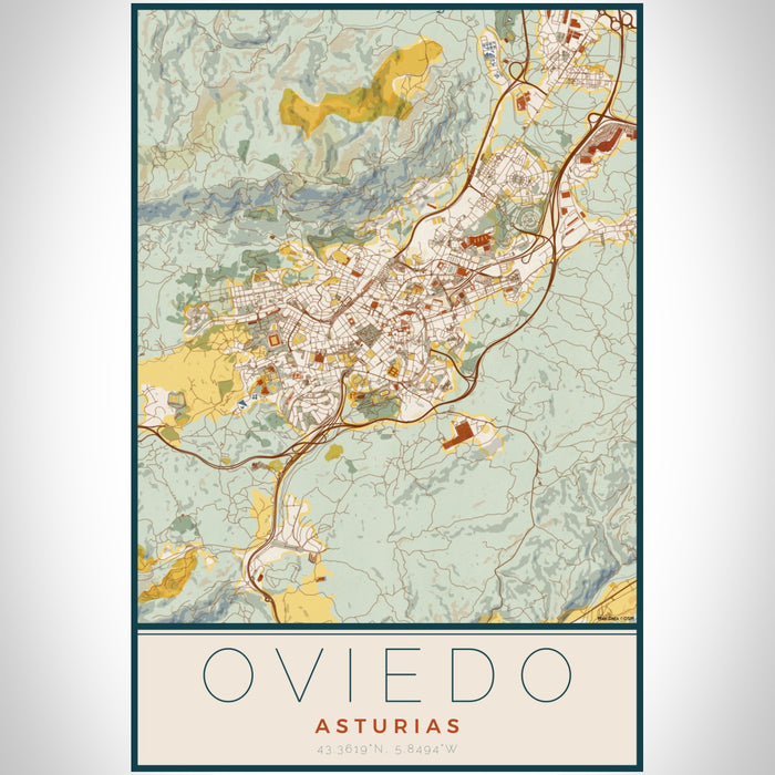 Oviedo Asturias Map Print Portrait Orientation in Woodblock Style With Shaded Background