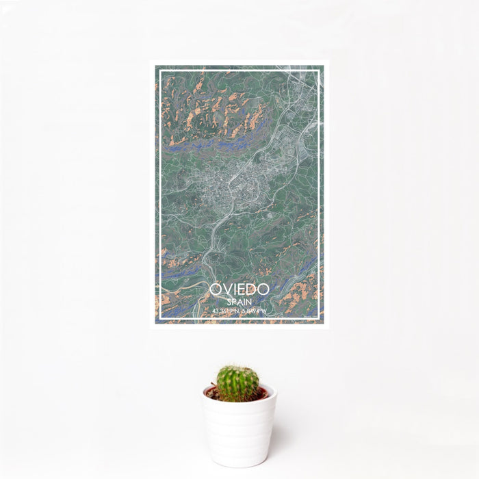 12x18 Oviedo Spain Map Print Portrait Orientation in Afternoon Style With Small Cactus Plant in White Planter