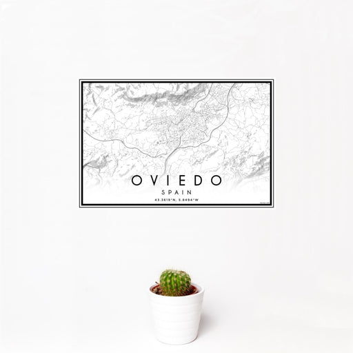 12x18 Oviedo Spain Map Print Landscape Orientation in Classic Style With Small Cactus Plant in White Planter